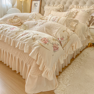 牛奶绒绣花床盖四件套床单被套2024新年款欧式加厚夹棉床品床冬季