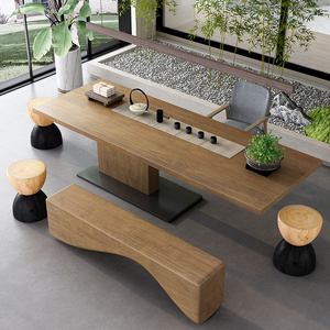 岛屿 创意实木茶桌茶台办公餐桌一体两用 原木大平板泡茶桌椅组合