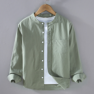 春夏季中式亚麻衬衫男长袖立领薄款宽松纯色休闲大码棉麻衬衣外套