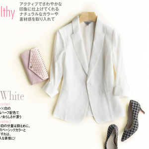 新款韩版春夏OL通勤丝麻7分袖修身显瘦白色小西装外套短款西服女