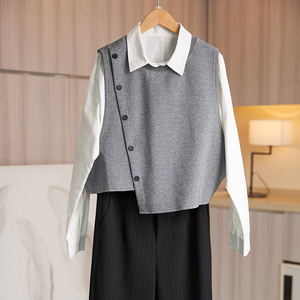 断码清仓特价纯棉长袖白衬衫针织马甲女宽松百搭背心两件套套装