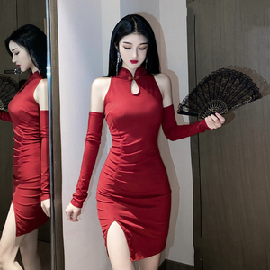 主播服装女中国风圣诞红色旗袍年轻款性感露背改良版少女连衣裙