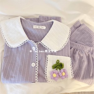 睡衣女夏季可爱甜美紫色花边短袖短裤纯棉开衫小花家居服两件套装