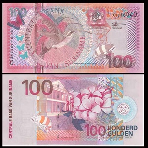 全新unc 苏里南100盾纸币 东长尾隐蜂鸟 2000年 p-149