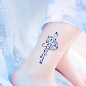 neeio纹身贴 古风莲花坠 仙女小清新红蓝两色荷花珠宝脚踝 防水女