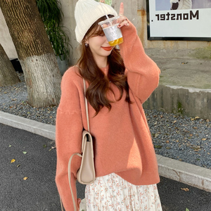 橘粉色很仙的毛衣女圆领套头宽松慵懒风长袖加厚软糯温柔秋冬上衣