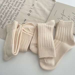 日系复古粗线中筒袜秋冬季纯棉毛线袜子女针织米色长筒袜男堆堆袜