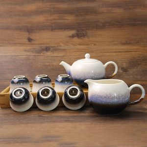 乾唐轩活瓷茶具 小圆融雪晶釉茶具1壶1海6杯家用陶瓷茶具茶壶茶杯