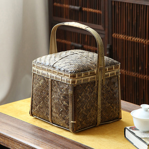 紫竹复古竹编提盒单层手工竹编收纳篮食盒茶具收纳盒竹编带盖提盒