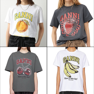GANNI夏季2024新款T恤水果系列樱桃香蕉草莓女士圆领桃子短袖上衣