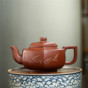 宜兴紫砂壶吴俊手工刻绘竹子六方雪华泡茶壶大品方器中式功夫茶具