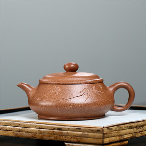 宜兴紫砂壶吴俊手工刻绘鸟竹子小品明炉泡茶壶原矿老段泥功夫茶具