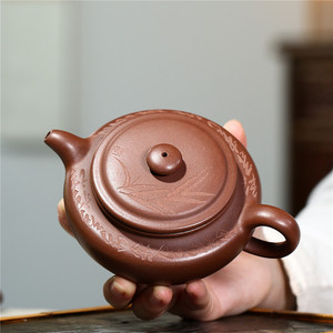 宜兴紫砂壶吴俊手工刻绘竹叶扁腹仿古泡茶壶大口实用功夫茶具家用
