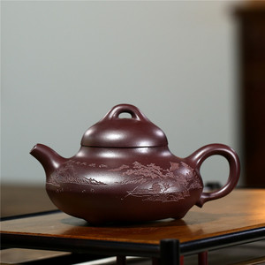 宜兴紫砂壶吴俊手工满刻山水三足乳瓢原矿老紫泥大品泡茶壶工夫茶