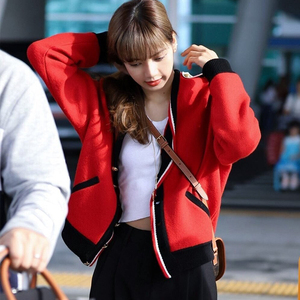 blackpink组合lisa同款明星机场街拍毛衣女宽松海军风针织开衫衣