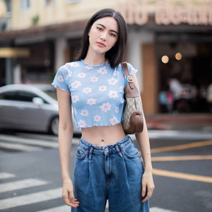Mai同款蓝色印花短袖T恤短款露肚脐雏菊设计感小众韩版圆领上衣潮