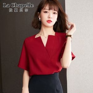 拉夏贝尔法式复古短袖雪纺衬衫女2024年夏季新款高端红色休闲小衫