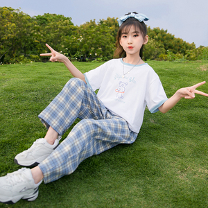 女童套装2021新款夏装大儿童小熊短袖t恤潮格子阔腿裤女孩两件套8