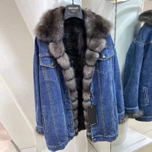 欧洲进口紫貂边牛仔松鼠内胆皮草外套男友时装款翻领高级皮草外套