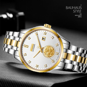 格雅手表24k金貔貅全自动机械男表女表时尚日历钢带防水情侣手表