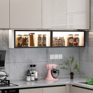 厨房吊柜下置物架壁挂置物架壁挂调味柜上翻柜玻璃门调料收纳柜免