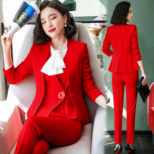 红色西装套装女春秋时尚气质职业装正装西服三件套装美容师工作服