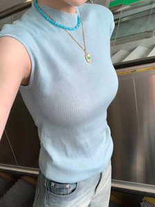 韩系浅蓝色半高领针织上衣女夏季新款弹力修身显瘦无袖内搭打底衫