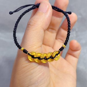 999足金铜钱编织新款手绳黄金五帝钱币手链男女一对送女朋友礼物