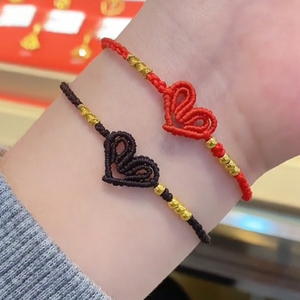 本命年黄金情侣手链男女一对999足金一生一世小金珠爱心红绳手绳