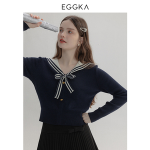 EGGKA 海军风系带长袖撞色针织上衣女秋冬法式气质小个子短款毛衣