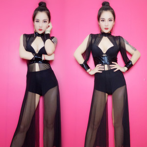 新款ds夜场酒吧女歌手DJ演出服性感gogo黑色气质网纱长裙舞台服装