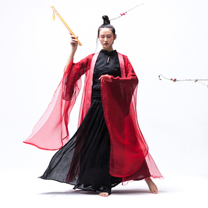古装外套广袖仙女薄纱舞蹈服古典舞女夏 红色文艺真丝大袖衫外披