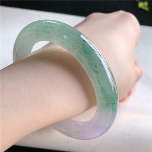 2月新品 鸿玉翡翠55圈口冰糯种紫罗兰飘绿圆条手镯女款 k40225151