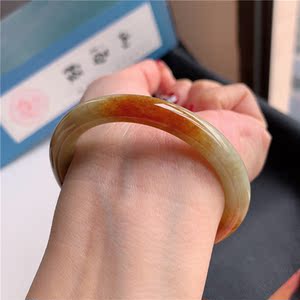 1月新品 鸿玉翡翠52圈口冰糯种胶润飘红翡圆条手镯女款 正品 c4