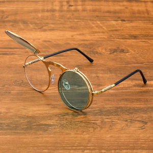 新款蒸汽朋克双层翻盖墨镜男士复古圆形框太阳镜舞台演出可配近视