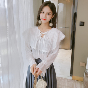 2019春季新款女装时尚韩版娃娃领系带宽松百搭气质上衣打底衬衫