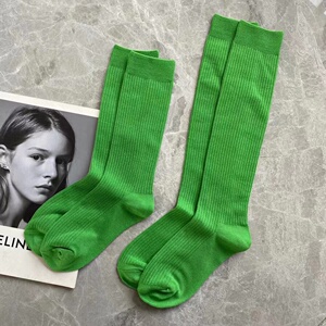 bv绿色袜子女秋冬纯色ins潮走秀款中长筒袜堆堆袜百搭显瘦小腿袜