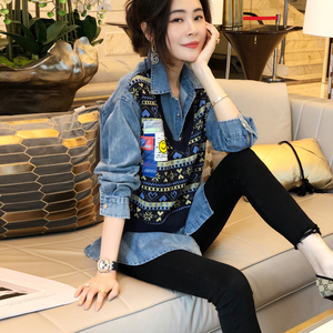 欧洲站冬装2020新款欧货女装时尚针织拼接牛仔衬衫假两件上衣女潮