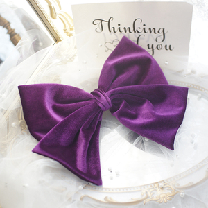 包邮原创发夹法式chic复古丝绒发饰超大紫色蝴蝶结顶夹子发卡头饰