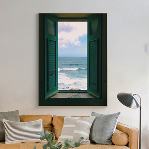 后现代海景客厅装饰画卧室背景墙壁画北欧风空间窗户复古大幅挂画