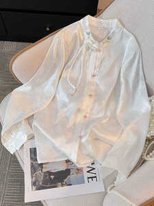 新中式国风上衣复古盘扣白色长袖立领衬衫小众设计感衬衣女款春季
