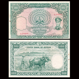 【亚洲】全新针孔 缅甸100元 纸币 孔雀 大票幅 nd(1958)年 p-51