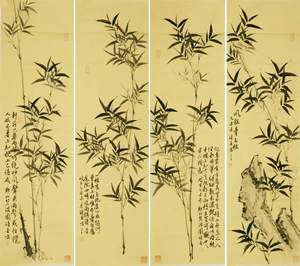 纯手绘四尺客厅写意许墨真迹竹子绿竹四条屏名人字画国画中国书画