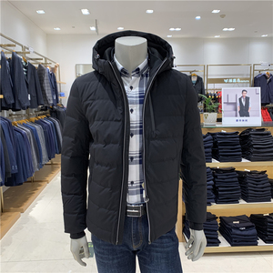 报喜鸟专柜正品21秋冬新款男士羽绒服黑色带帽保暖白鸭绒3.
