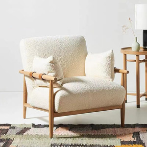 北欧实木羊羔绒布艺单人沙发椅简约现代客厅阳台休闲扶手椅设计师