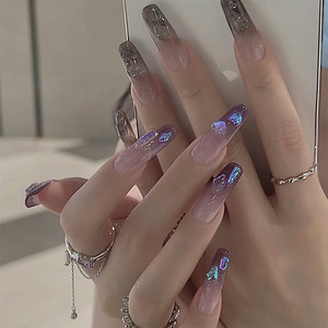 冰透紫冰透黑渐变极光钻美甲网红小红书同款穿戴式假指甲贴片成品