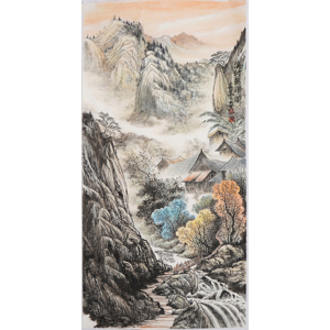 山水画纯手绘国画中堂玄关字画客厅装饰四尺彩墨山水秦喜聪0025