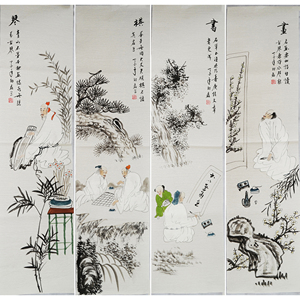 四条屏写意人物画水墨画纯手绘国画琴棋书画书房客厅挂画邵磊1517