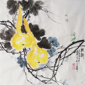 四尺斗方国画写意葫芦鲤鱼花鸟画纯手工意境字画郝凤格真迹0015