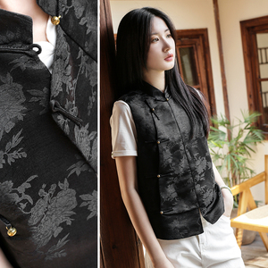 2021春夏黑色丝麻琵琶襟中式马甲【白简朱衣原创设计】水墨气